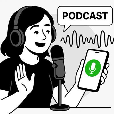 Illustration of a Podcaster Speaking with Microphone and Smartphone