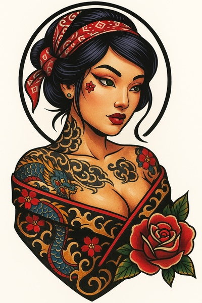 Colorful Tattoo Design Featuring Geisha with Floral Elements