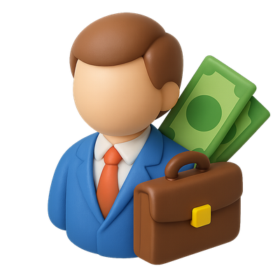 Stylized 3D Briefcase Icon Featuring Money and Businessman