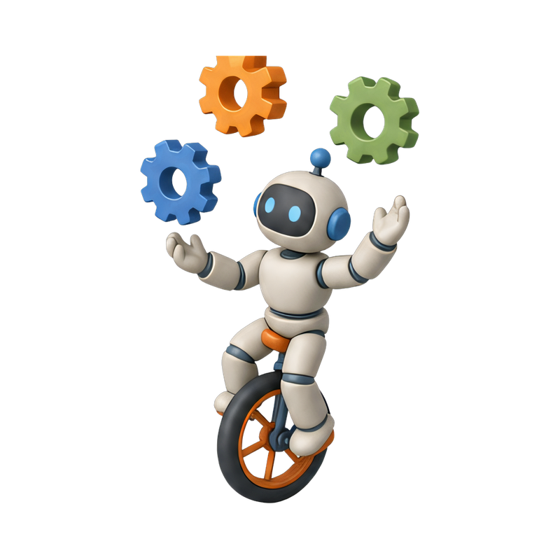 robot juggling gears on unicycle