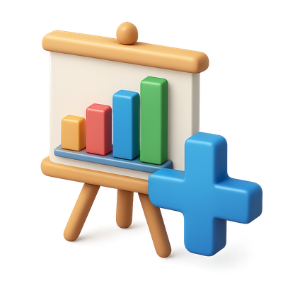 3D Bar Graph Icon with Presentation Board and Plus Sign