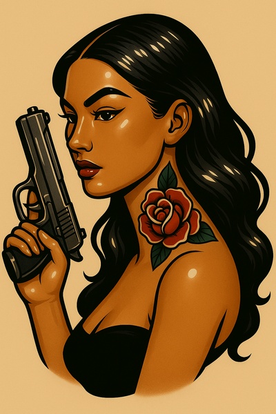 Stylized Tattoo Art of a Woman with a Gun and Rose