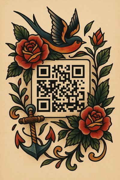 Colorful Tattoo-Style Artwork Featuring QR Code and Floral Elements