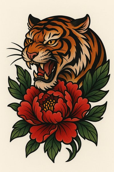 Vibrant Tiger and Peony Tattoo Design