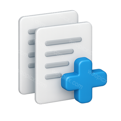 Stylized 3D Document Icon with Plus Symbol