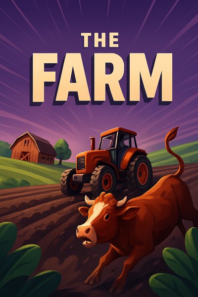Colorful illustration of a farm scene with a tractor and cow