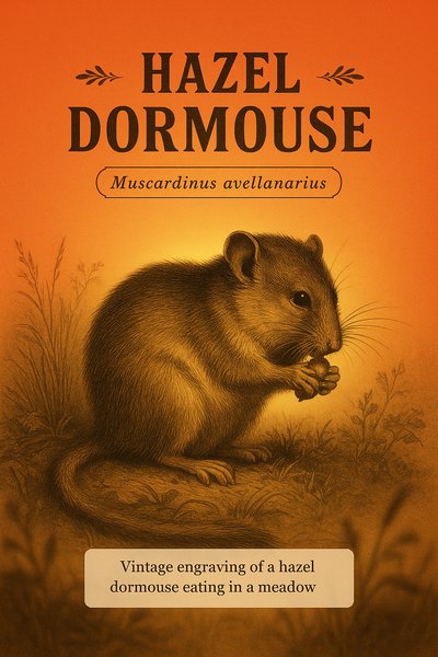 Vintage Engraving of a Hazel Dormouse Eating in a Meadow