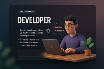 3D Illustration of a Developer Working on a Laptop