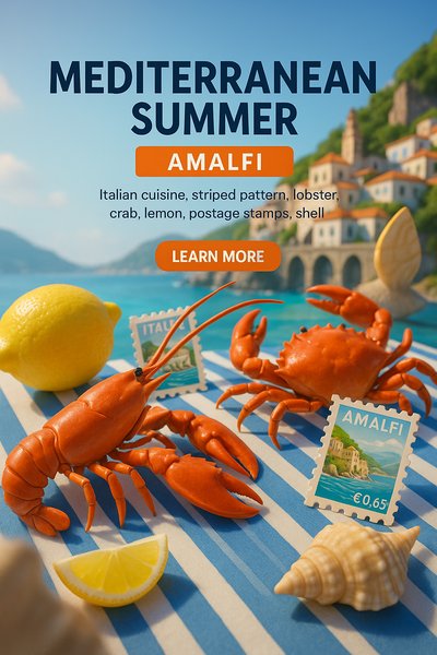 Vibrant Mediterranean Summer Theme with Seafood and Postage Stamps