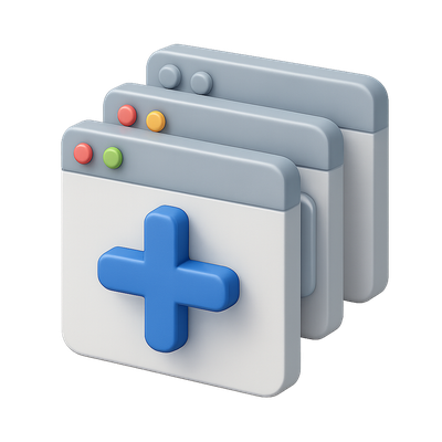 Stylized 3D Overlapping Windows Icon with Plus Sign