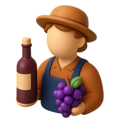 Stylized 3D Vintner Icon with Grapes and Wine Bottle