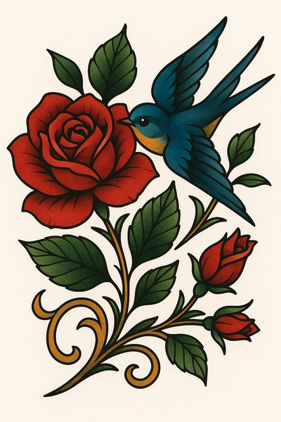 Colorful Traditional Tattoo Design Featuring a Rose and a Swallow