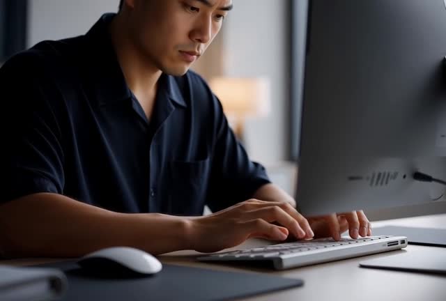 Focused individual typing at a computer in a modern workspace