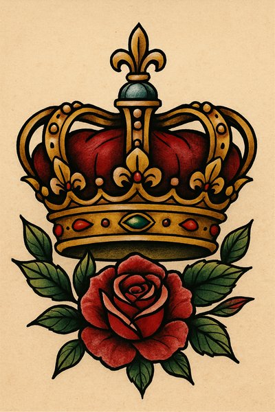 Vintage crown and rose tattoo design illustration