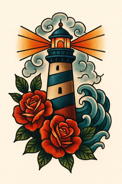 Traditional Tattoo Style Illustration of a Lighthouse and Roses