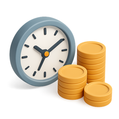 3D Icon of Clock with Stacks of Coins in Isometric View