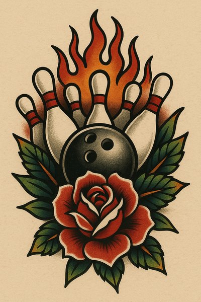 Bold Tattoo Style Design Featuring Bowling and Rose Elements