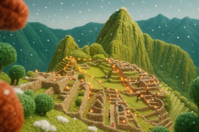 Whimsical Yarn Machu Picchu Scene with Holiday Atmosphere
