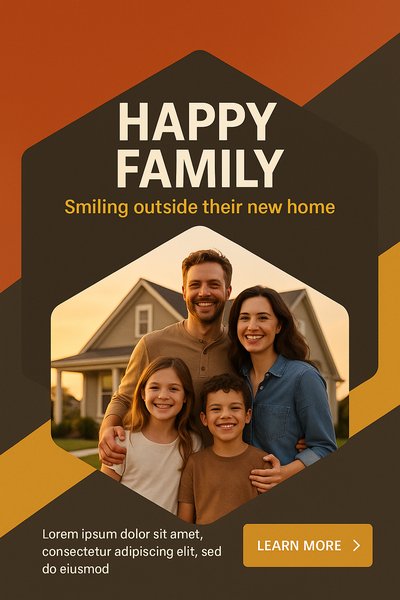 Happy Family Smiling Outside Their New Home at Sunset