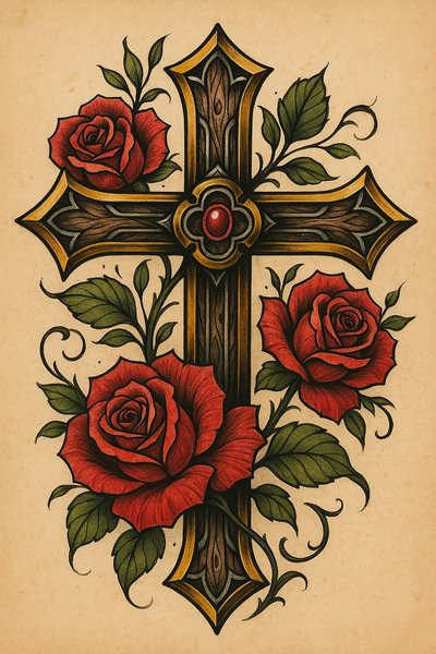 Intricate Cross with Red Roses in Vintage Style