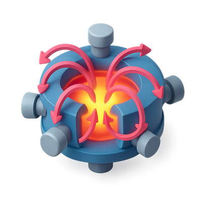 Stylized 3D Fusion Reactor Icon with Arrows