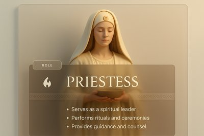 Elegant Priestess Illustration with Informative Overlay