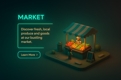 3D Market Scene with Neon Accents and Realistic Detailing