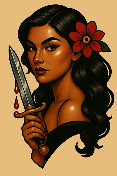 Stylized Portrait of a Woman with a Dagger and Flower