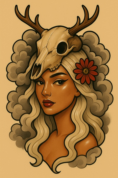 Girl with Deer Skull in Artistic Tattoo Style
