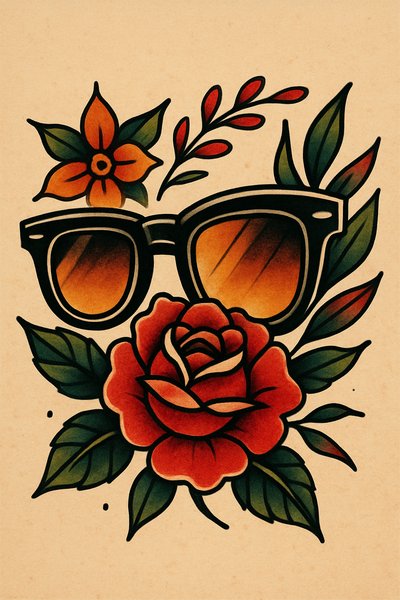 Vintage Style Floral Sunglasses Tattoo Design