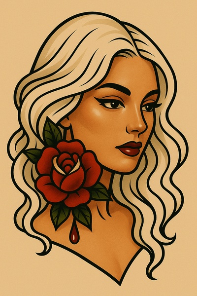 Stylized Portrait of a Girl with a Rose in Tattoo Art Style