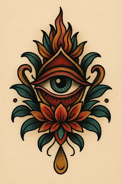 Intricate Eye Symbol with Floral Elements and Warm Colors