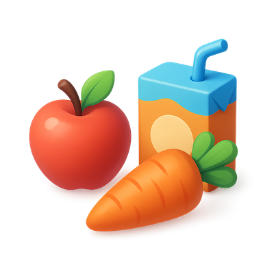 Colorful 3D Icons of Apple, Carrot, and Juice Box