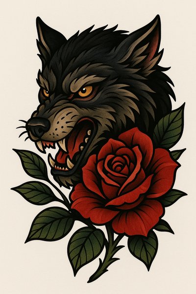 Vibrant Tattoo Design Featuring Wolf and Rose