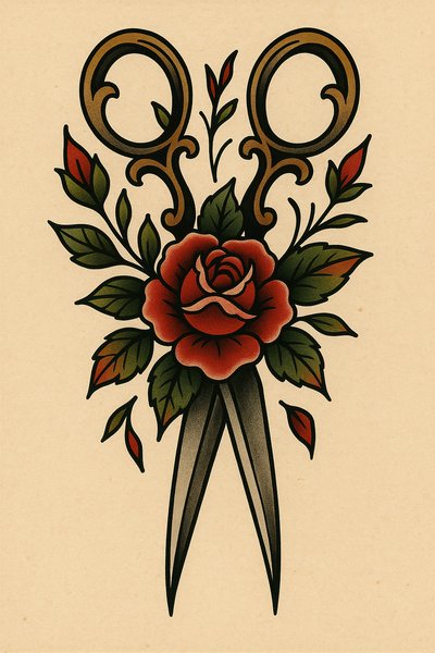 Stylized Tattoo Design of Scissors and Rose