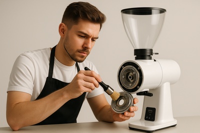 Barista Cleaning a Modern Coffee Grinder in Minimalist Style