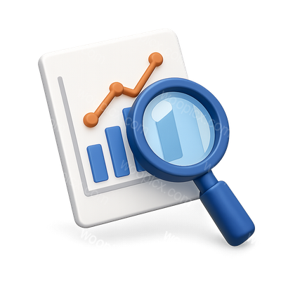 3D Magnifying Glass Over Graph Icon for Data Analysis