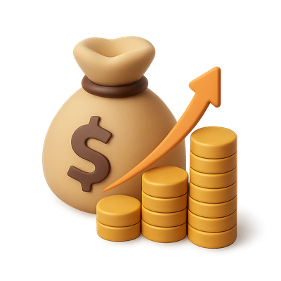 Stylized 3D Money Icon with Bag and Rising Coins