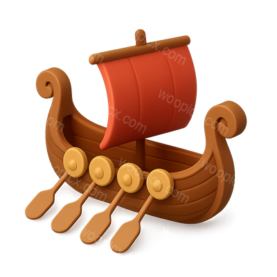 3D Icon of a Viking Ship with Oars and Red Sail