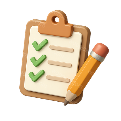 3D Clipboard Icon with Checkmarks and Pencil
