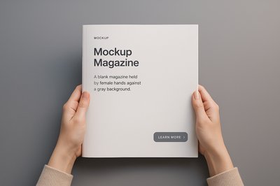 Female Hands Holding Mockup Magazine on Gray Background