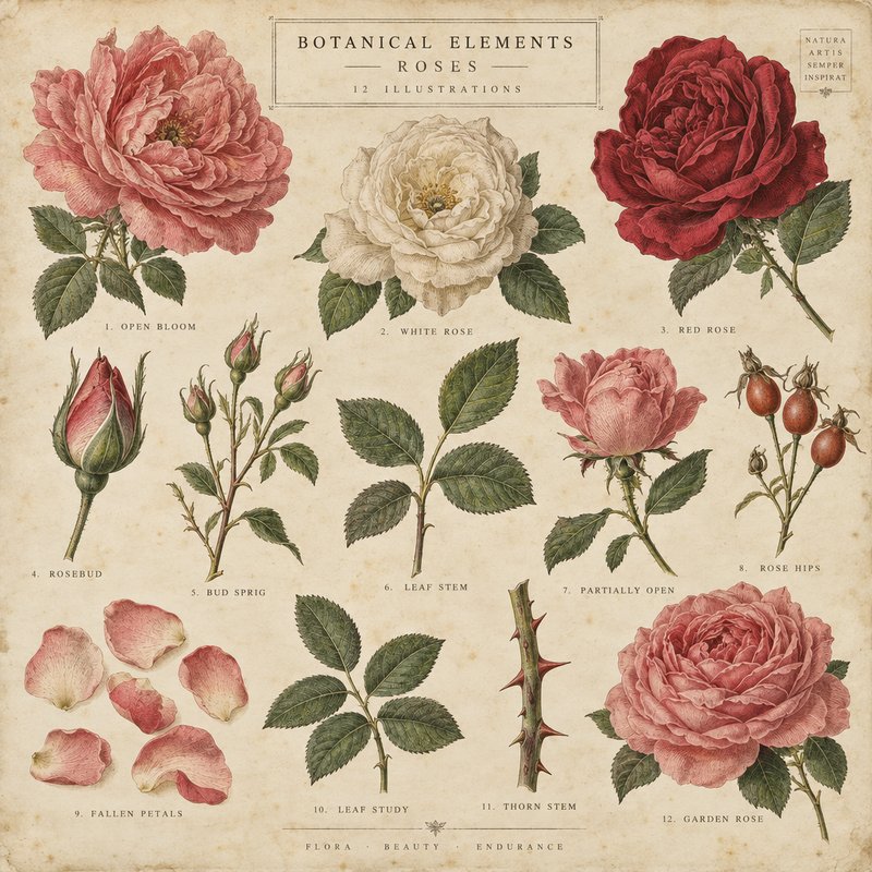 Vintage botanical rose elements