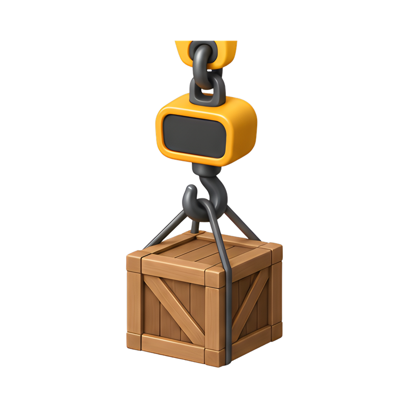 crane hook scale with wooden crate