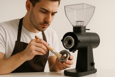 Barista Cleaning a Modern Coffee Grinder in Minimalist Style