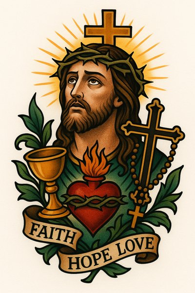 Religious Illustration Featuring Symbolism of Faith, Hope, and Love