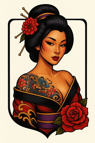 Tattooed Geisha with Rose in Kimono Art Style