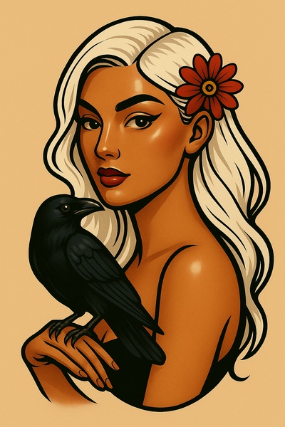 Stylized Portrait of a Girl with a Crow and Floral Accent