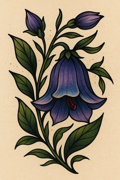 Beautiful botanical illustration of a bellflower with leaves