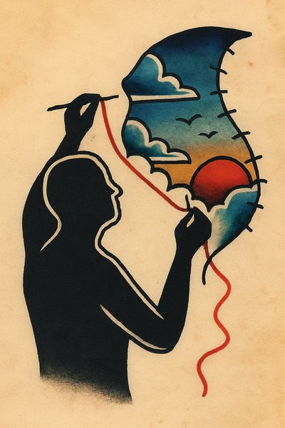 Silhouette Mending the Sky in Colorful Tattoo Design