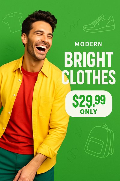 Dynamic Laughing Man in Bright Fashion Ad